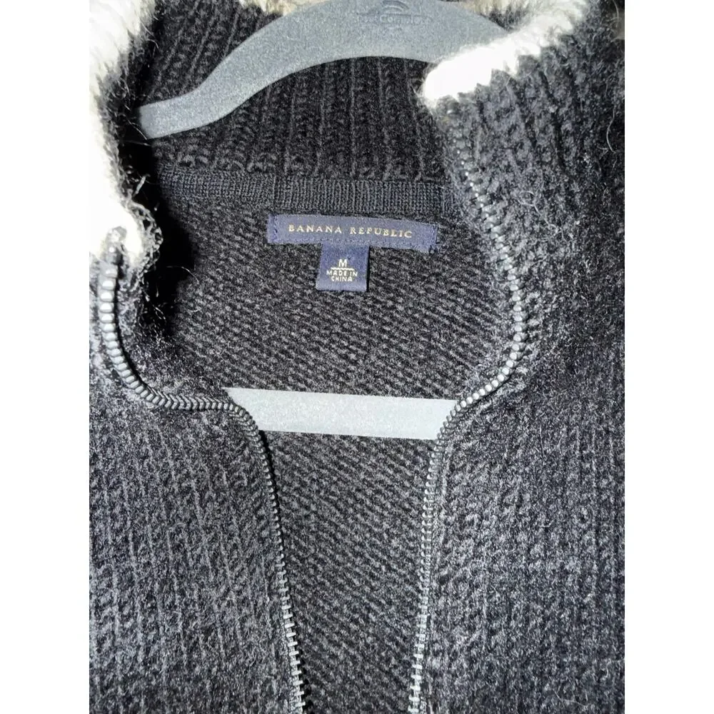 Banana Republic 100% Wool Nordic Snowflake Quarter Zip Sweater Medium Black